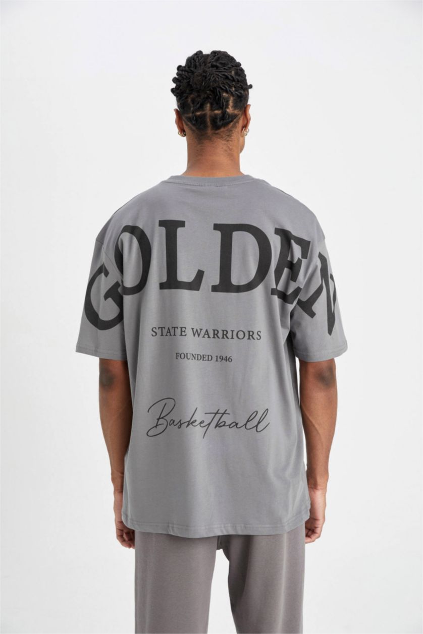 Erkek Gri NBA Golden State Warriors Oversize Geniş Kalıp Bisiklet Yaka Pamuklu Kısa Kollu Tişört