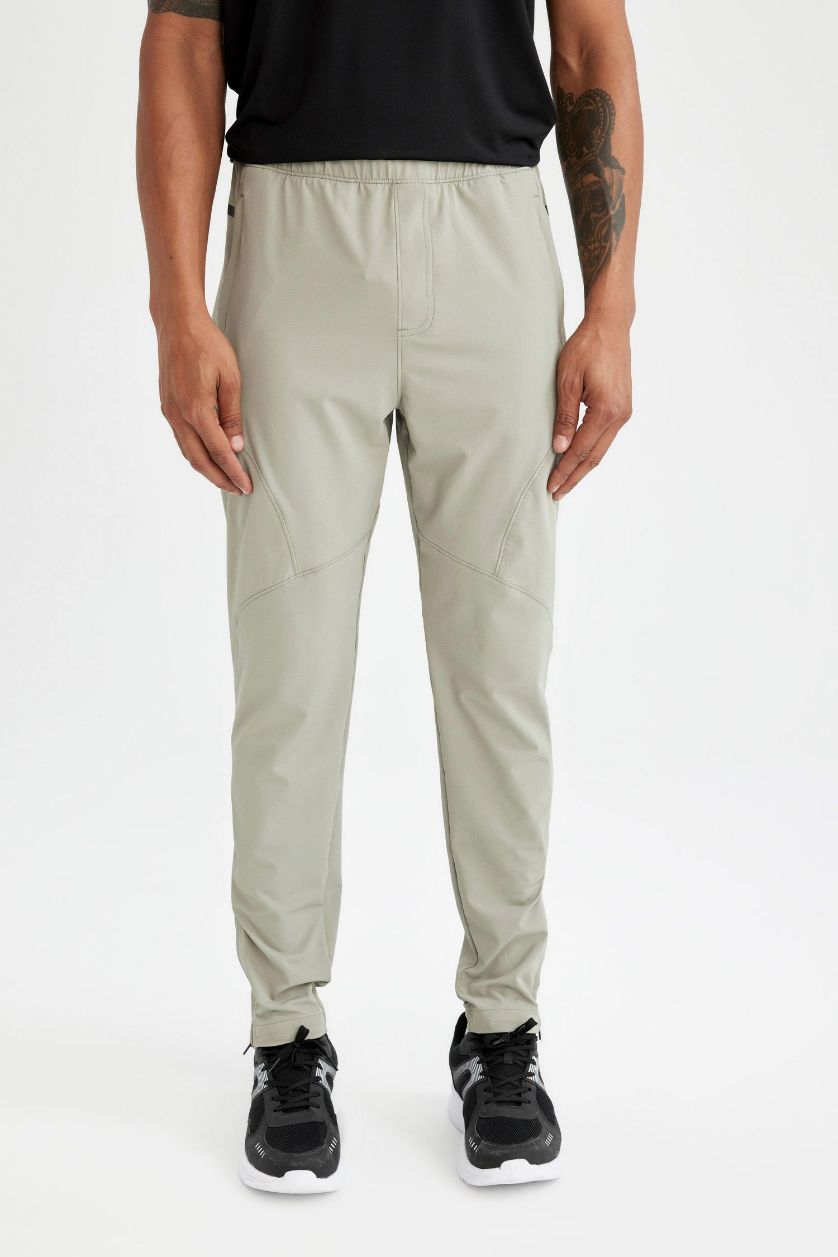 Erkek Açık Haki Sporcu Dokuma Pantolon Slim Fit Dar Kesim Çift Cepli Fermuarlı Paça
