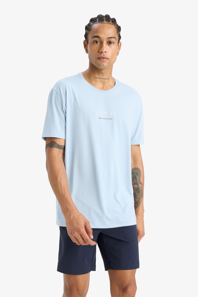 Erkek Mat Mavi Standart Fit Bisiklet Yaka Baskılı Esnek Kumaş Sporcu Kısa Kollu Tişört