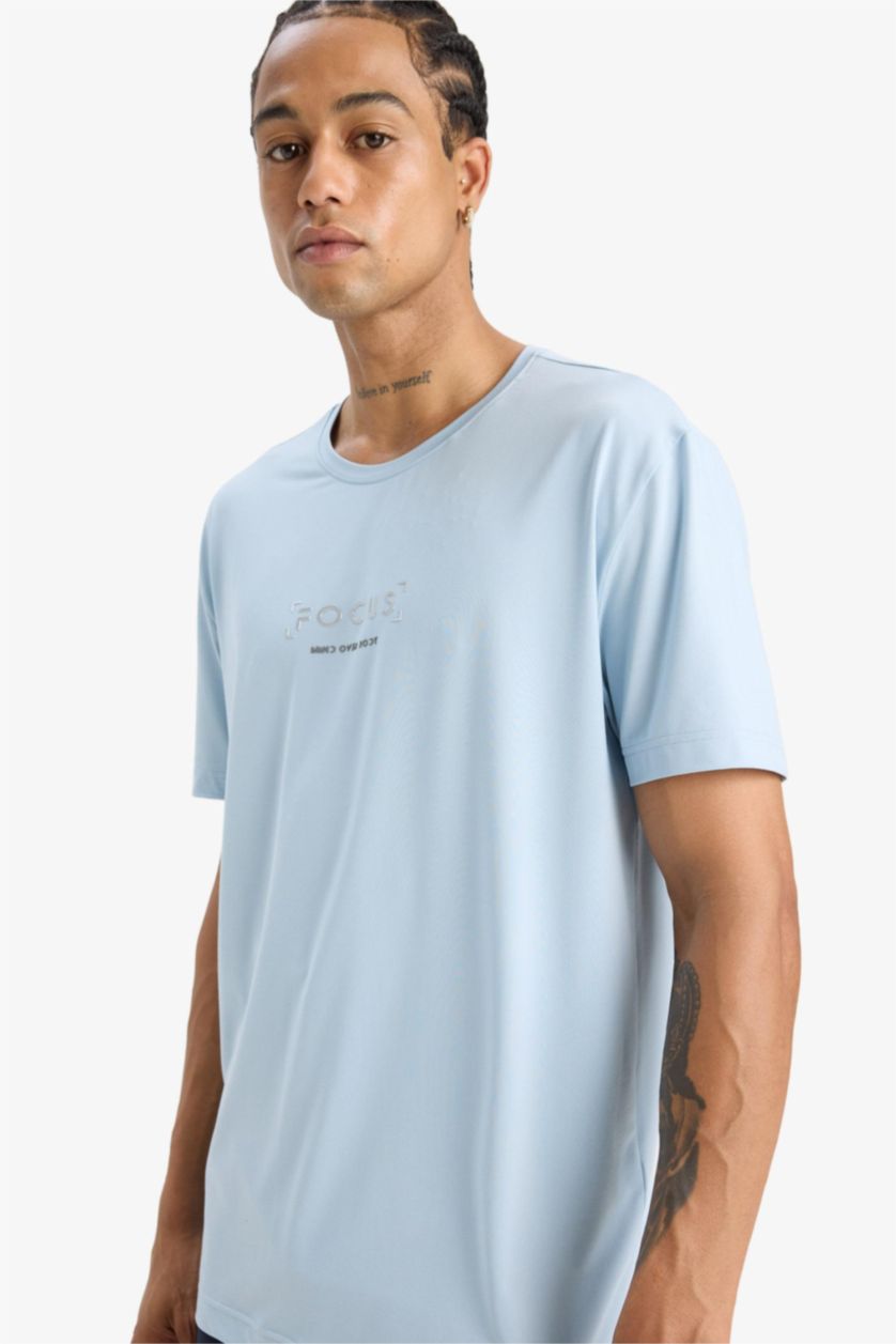 Erkek Mat Mavi Standart Fit Bisiklet Yaka Baskılı Esnek Kumaş Sporcu Kısa Kollu Tişört