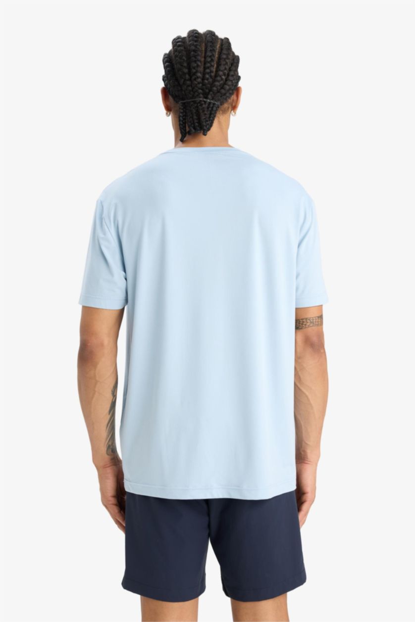 Erkek Mat Mavi Standart Fit Bisiklet Yaka Baskılı Esnek Kumaş Sporcu Kısa Kollu Tişört