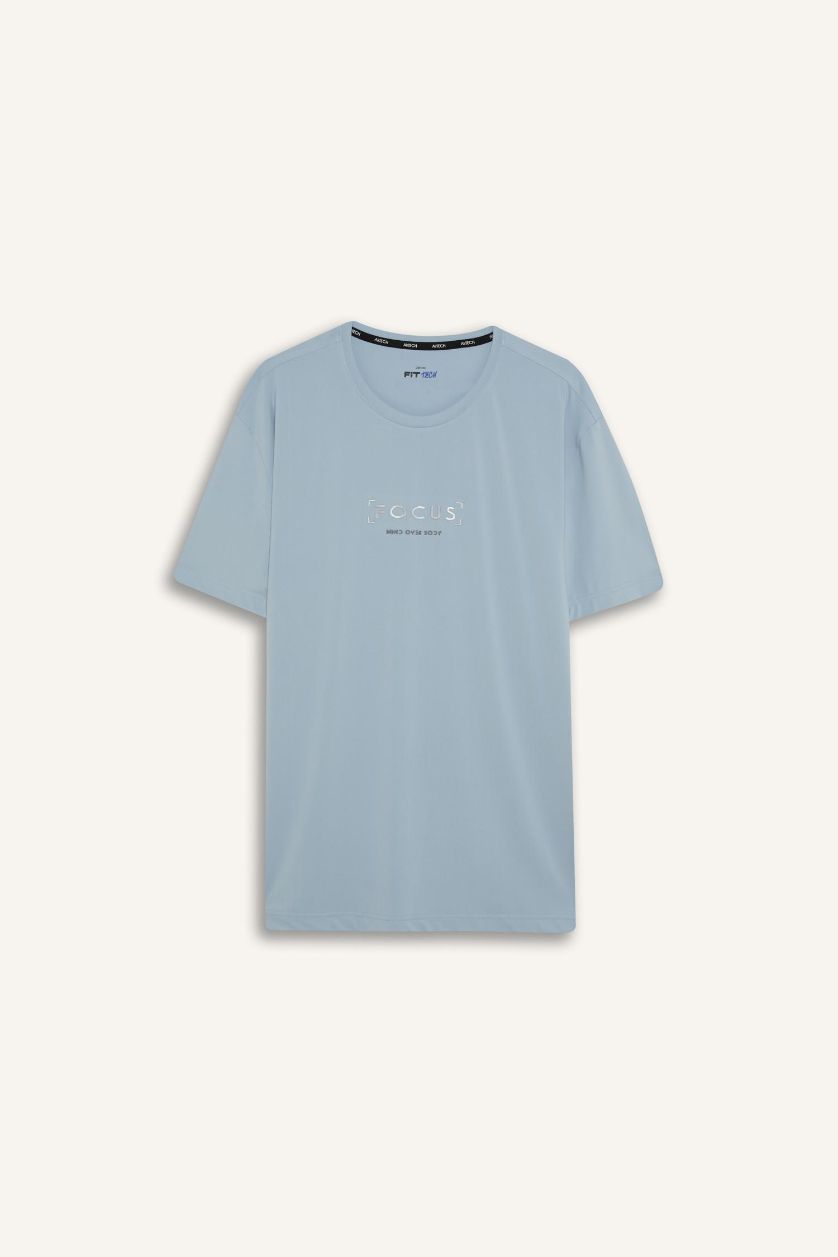 Erkek Mat Mavi Standart Fit Bisiklet Yaka Baskılı Esnek Kumaş Sporcu Kısa Kollu Tişört