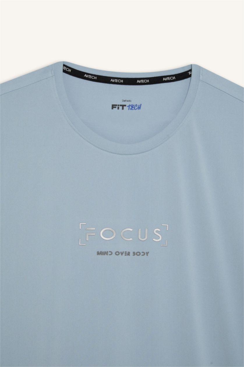 Erkek Mat Mavi Standart Fit Bisiklet Yaka Baskılı Esnek Kumaş Sporcu Kısa Kollu Tişört