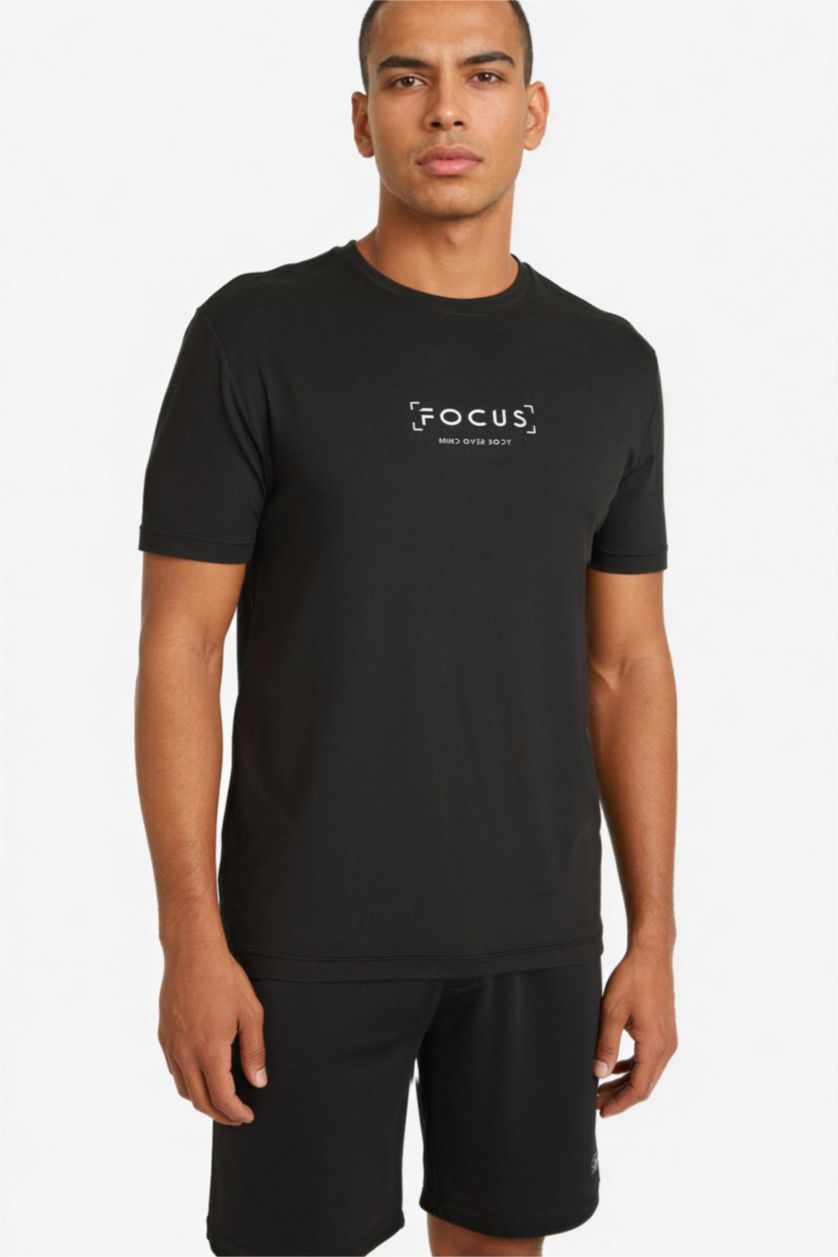 Erkek Siyah Standart Fıt Bisiklet Yaka Baskılı Kısa Kollu Tişört
