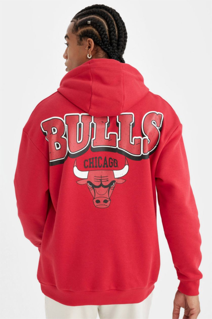 MAN Red DeFactoFit NBA Chicago Bulls Boxy Fit Hooded Thick Sweatshirt