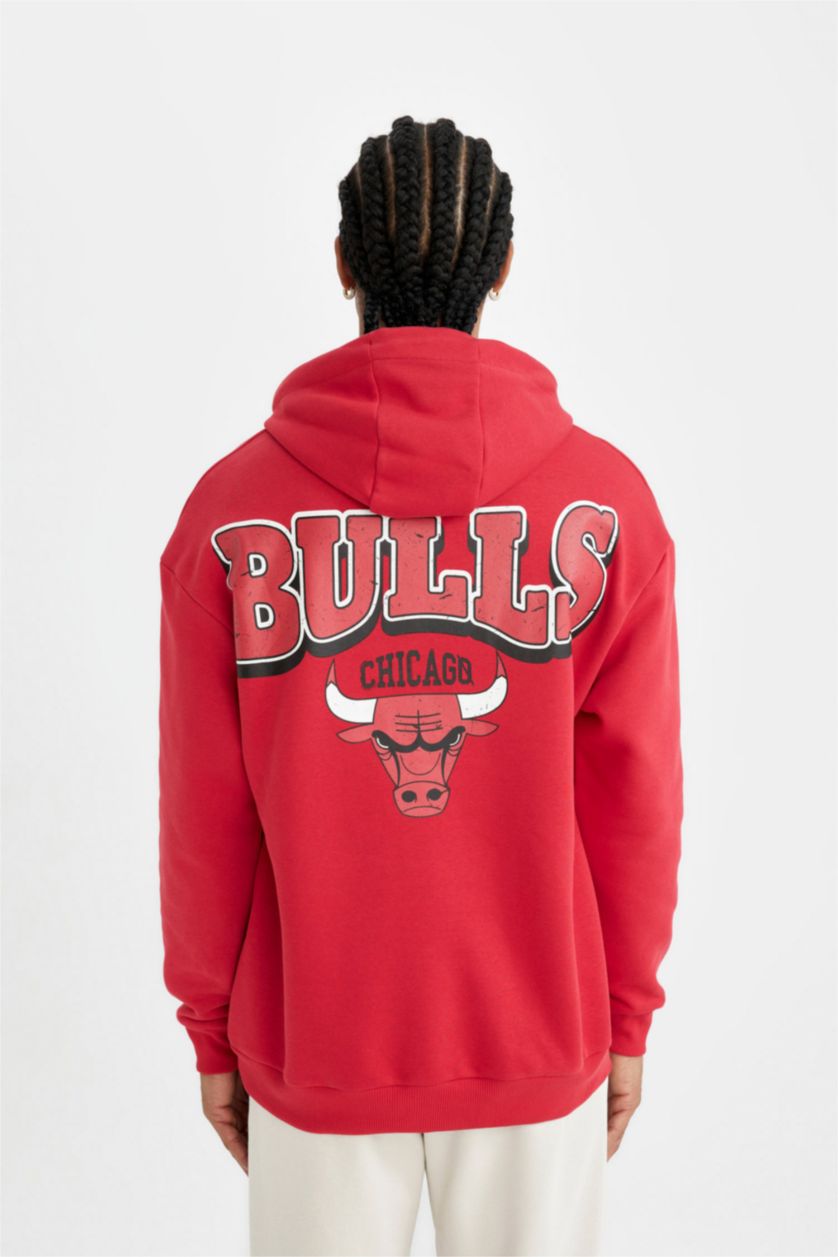 MAN Red DeFactoFit NBA Chicago Bulls Boxy Fit Hooded Thick Sweatshirt