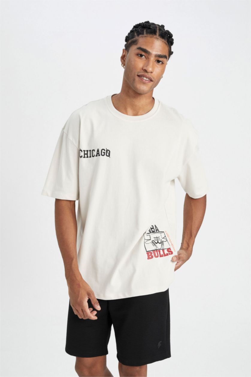 Erkek Taş NBA Chicago Bulls Oversize Geniş Kalıp Bisiklet Yaka Pamuklu Kısa Kollu Tişört