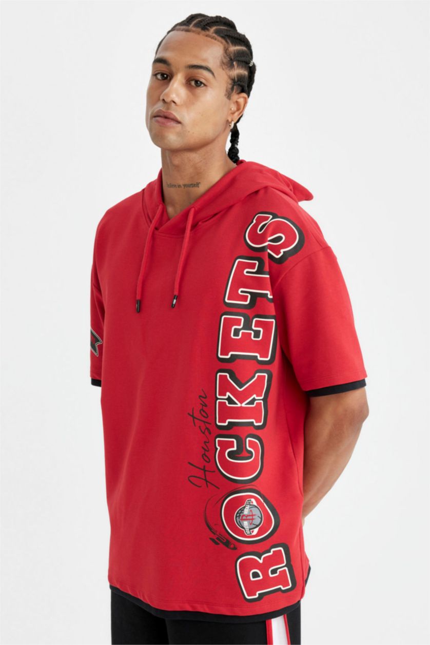 Erkek Kırmızı NBA Houston Rockets Kırmızı Oversize Geniş Kalıp Kapüşonlu Kısa Kollu Tişört