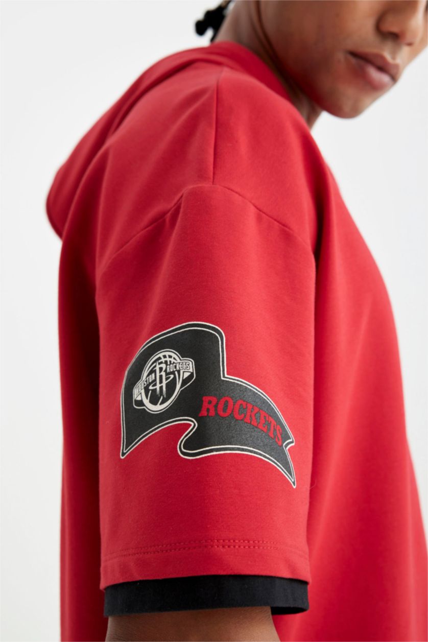 Erkek Kırmızı NBA Houston Rockets Kırmızı Oversize Geniş Kalıp Kapüşonlu Kısa Kollu Tişört