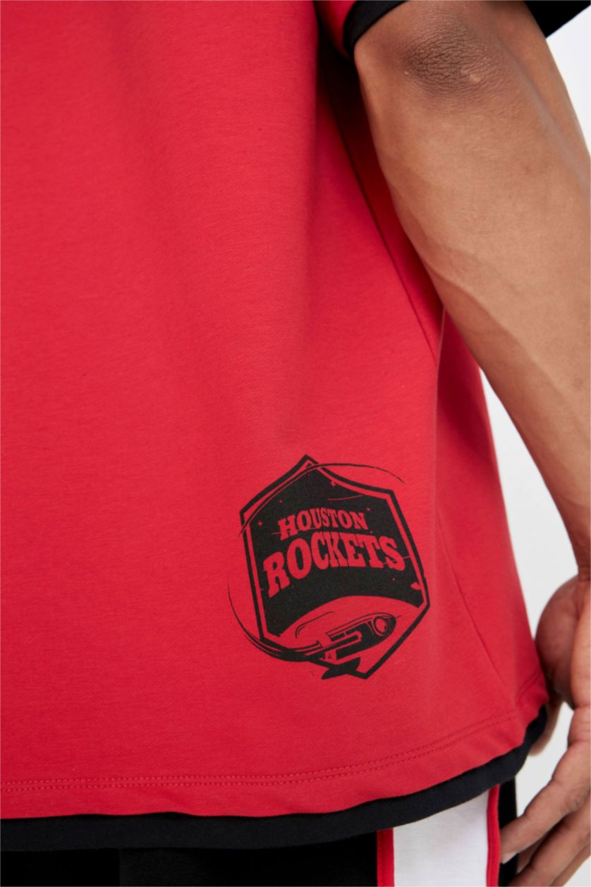 Erkek Kırmızı NBA Houston Rockets Kırmızı Oversize Geniş Kalıp Kapüşonlu Kısa Kollu Tişört