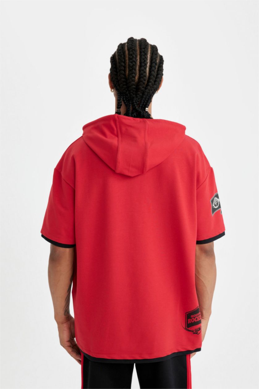 Erkek Kırmızı NBA Houston Rockets Kırmızı Oversize Geniş Kalıp Kapüşonlu Kısa Kollu Tişört