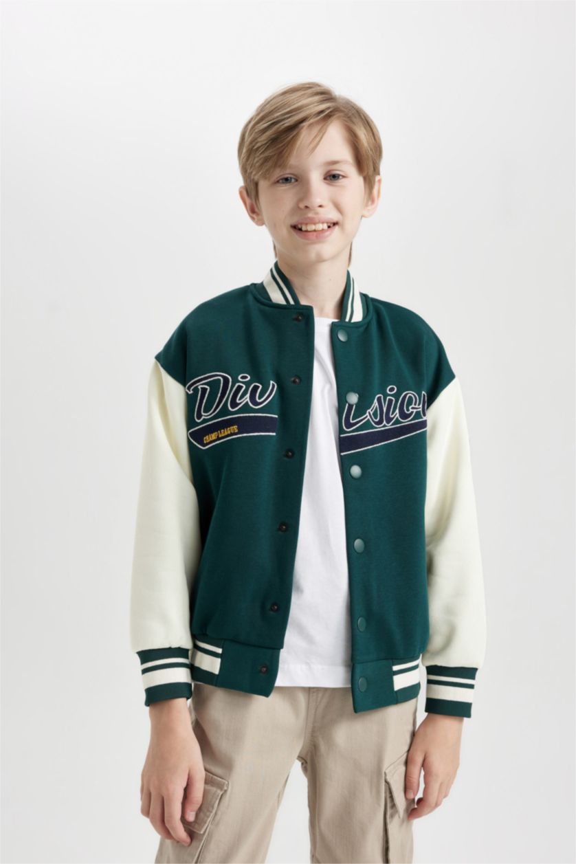 BOYS & TEENS Dark Green Boy College Collar Printed Light Bomber Jacket
