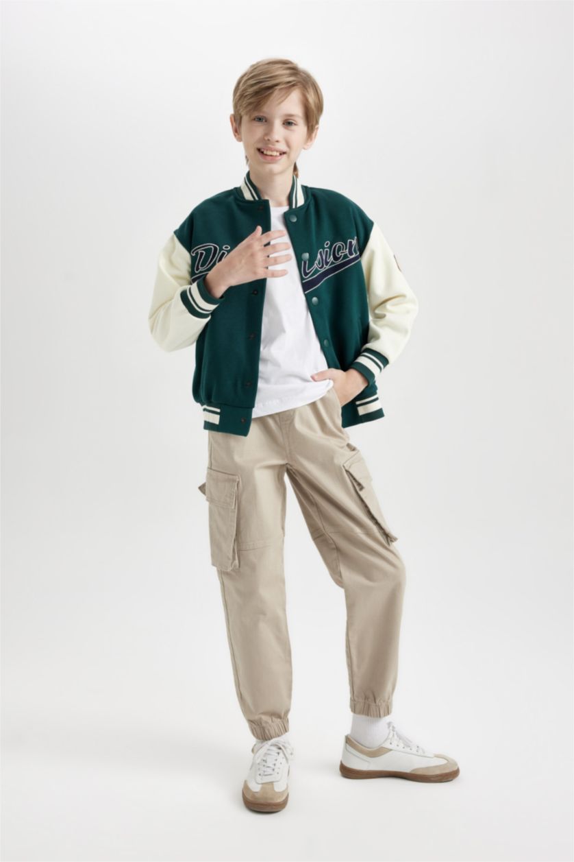 BOYS & TEENS Dark Green Boy College Collar Printed Light Bomber Jacket