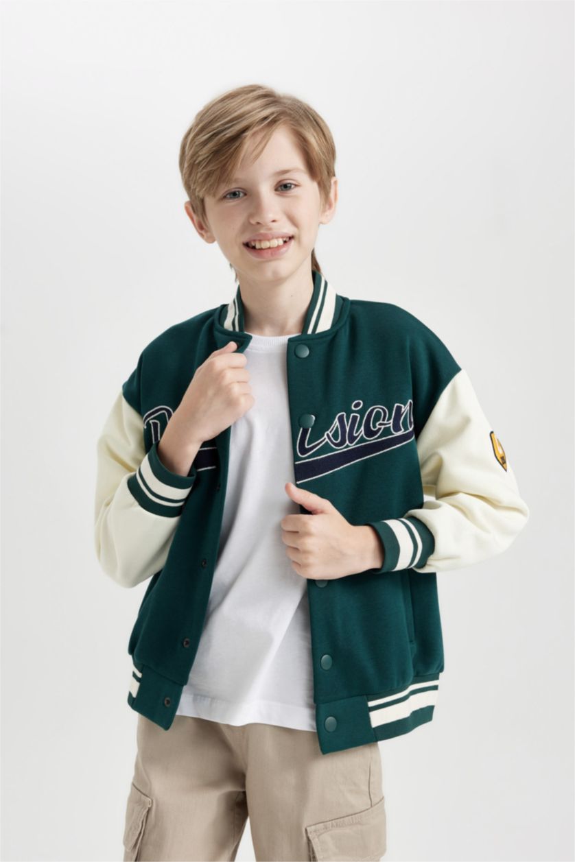 BOYS & TEENS Dark Green Boy College Collar Printed Light Bomber Jacket