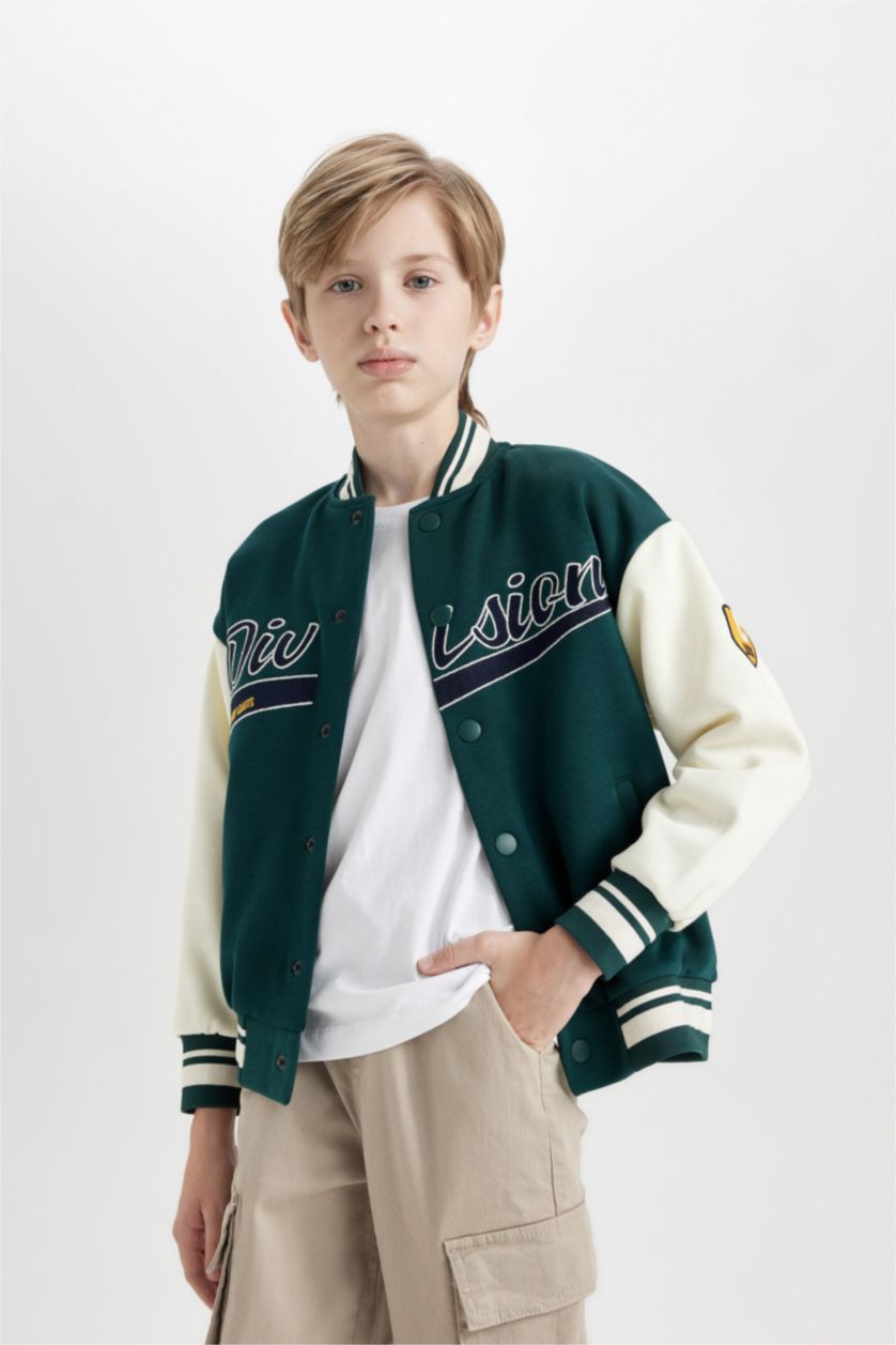 BOYS & TEENS Dark Green Boy College Collar Printed Light Bomber Jacket