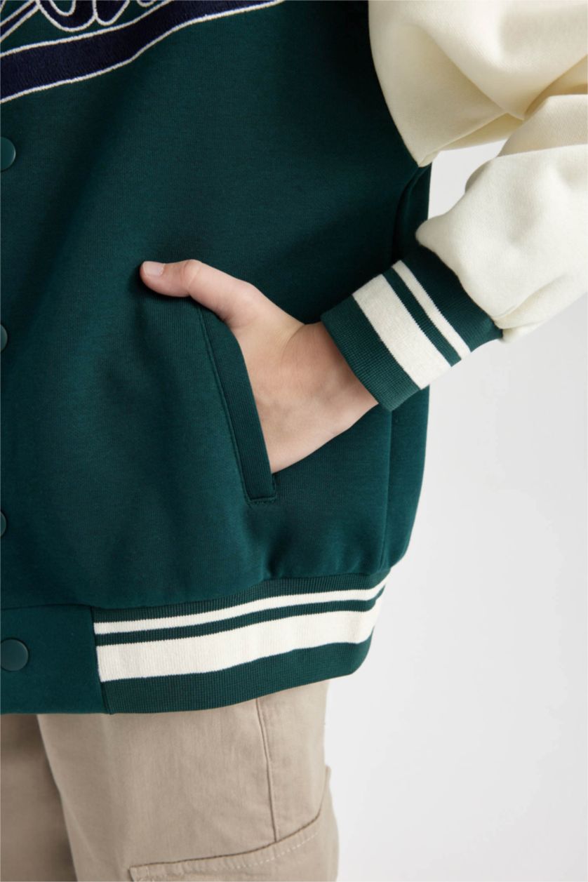 BOYS & TEENS Dark Green Boy College Collar Printed Light Bomber Jacket