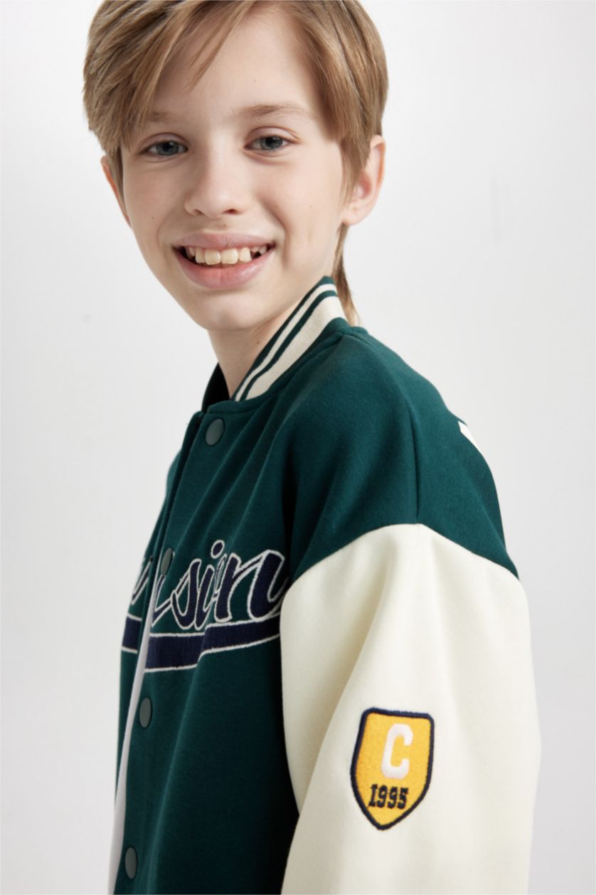 BOYS & TEENS Dark Green Boy College Collar Printed Light Bomber Jacket