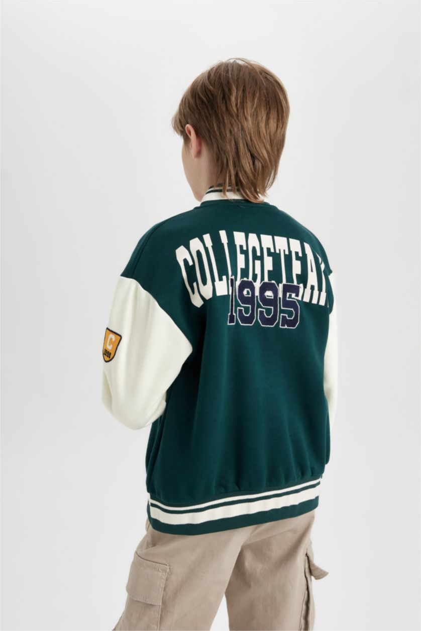 BOYS & TEENS Dark Green Boy College Collar Printed Light Bomber Jacket