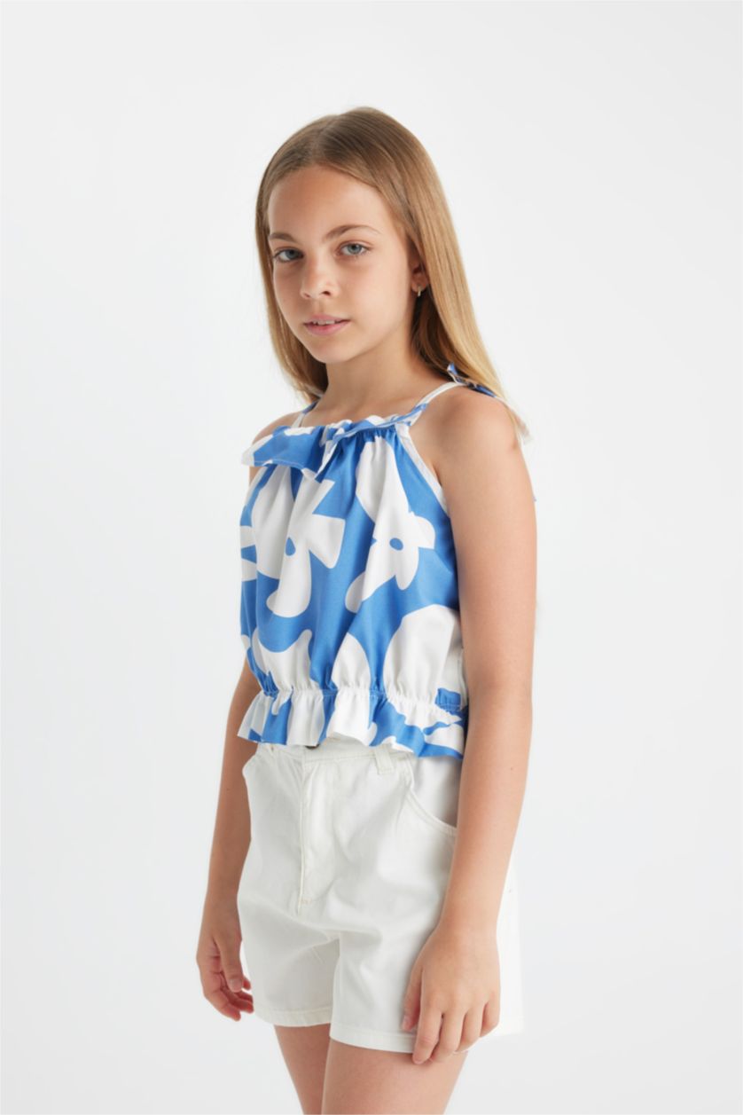 Kız Çocuk - Genç Kız Mavi Desenli Askılı Bluz Kız Çocuk