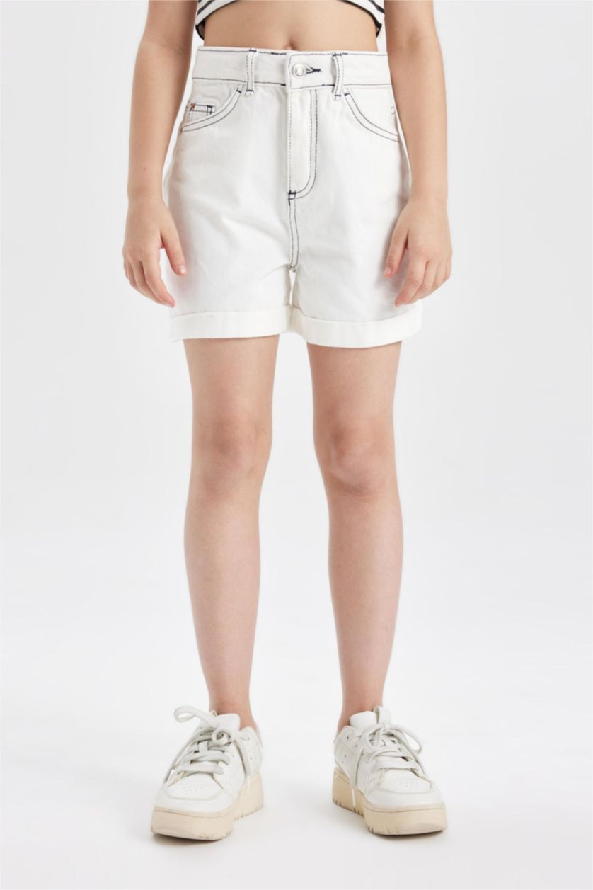 Kız Çocuk - Genç Kız Beyaz Pamuklu Şort Kız Çocuk