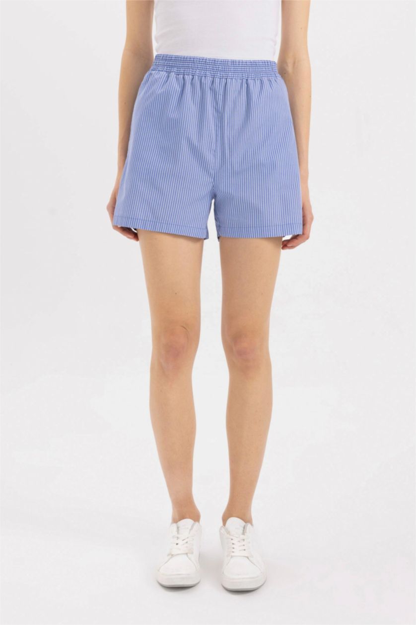 FEMME Bleu Short Taille haute en Popeline