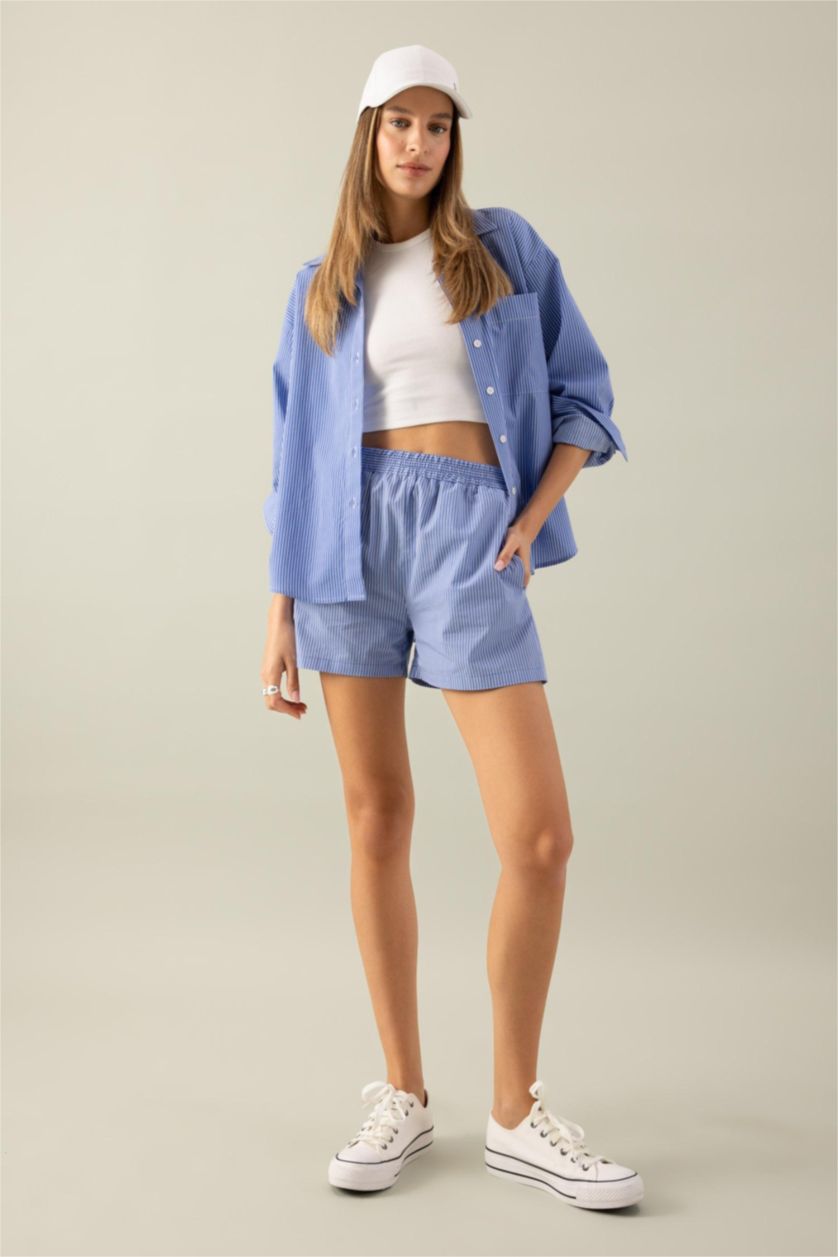 FEMME Bleu Short Taille haute en Popeline