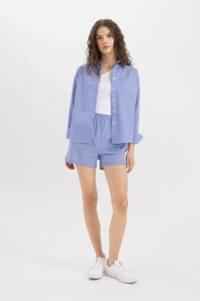 WOMAN Blue Poplin High Waist Short Leg Shorts