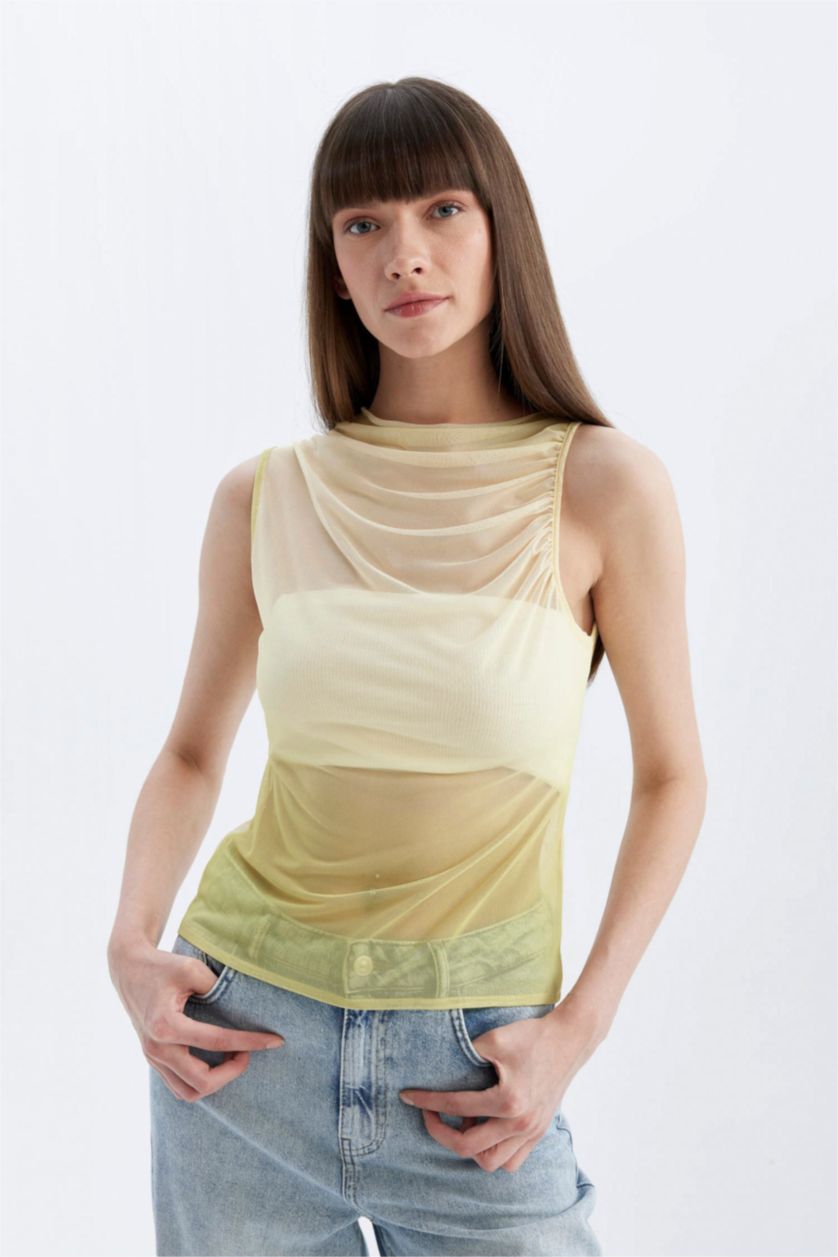 Kadın Açık Sarı Slim Fit Dar Kesim Degaje Yaka Degrade Tül Atlet