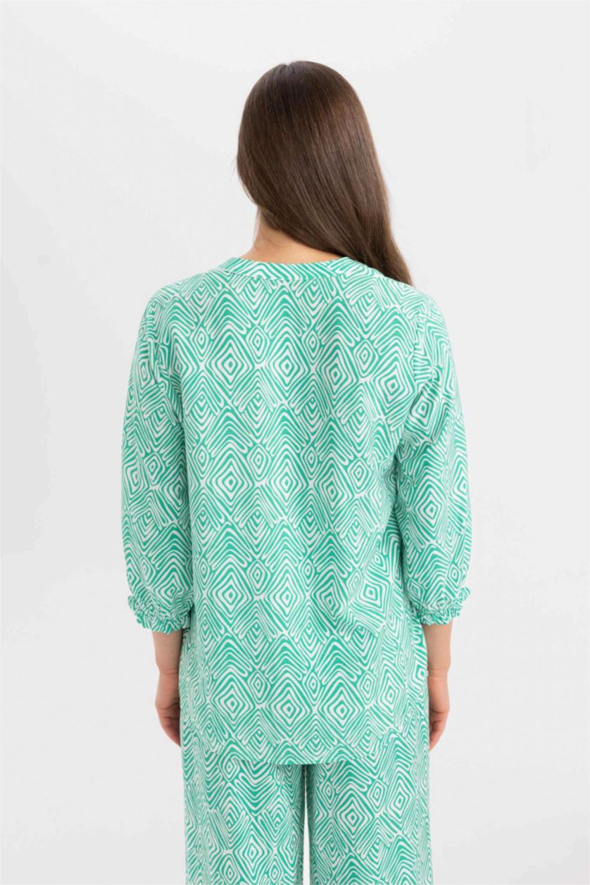 Kadın Yeşil Regular Fit Desenli Apaş Yaka Yarım Kollu Gömlek