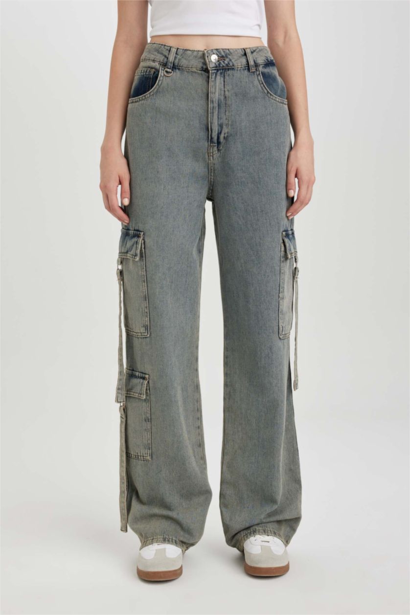 نساء أزرق فاتح بنطلون جينز كارجو وايد ليج برجل واسع وخصر عالي