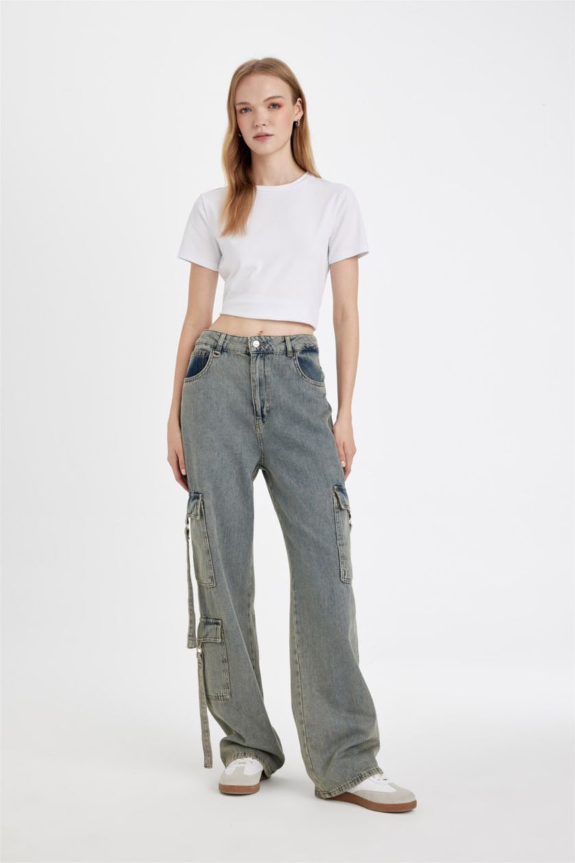 نساء أزرق فاتح بنطلون جينز كارجو وايد ليج برجل واسع وخصر عالي