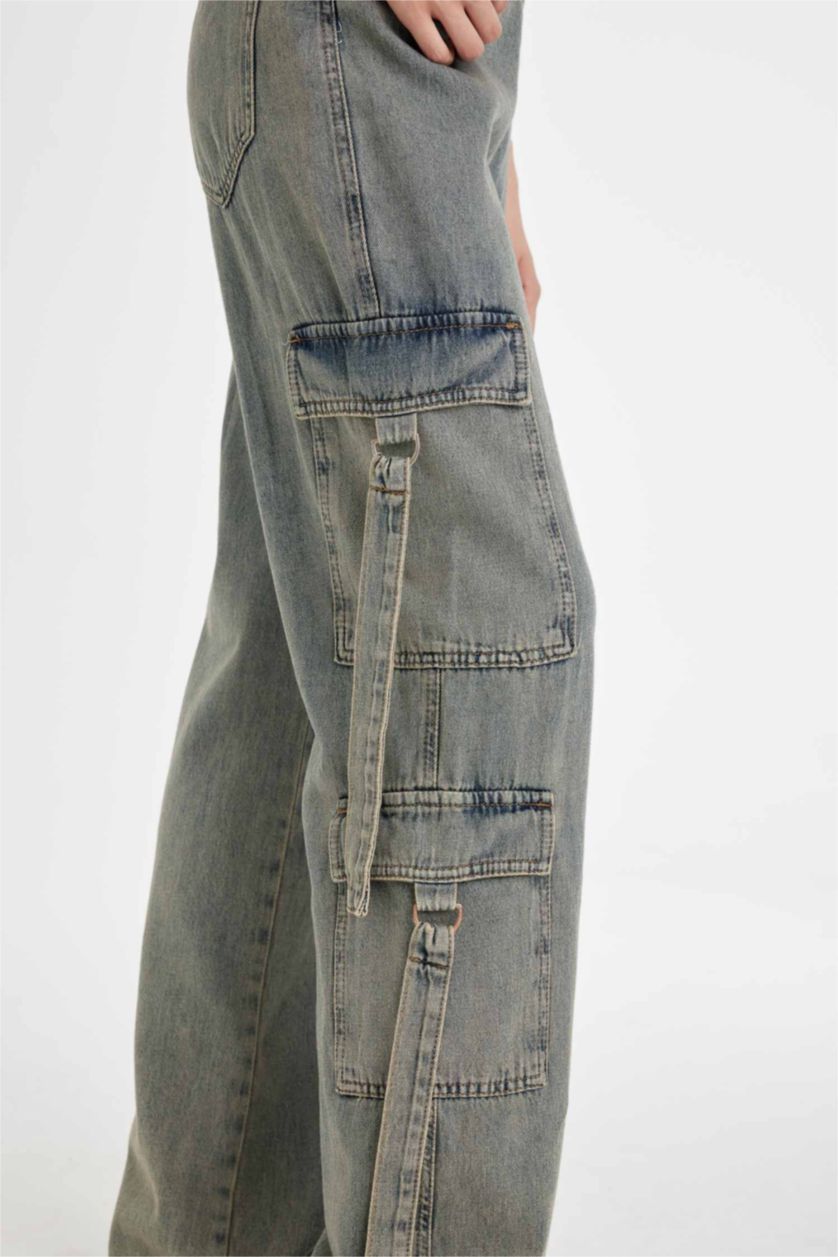 نساء أزرق فاتح بنطلون جينز كارجو وايد ليج برجل واسع وخصر عالي