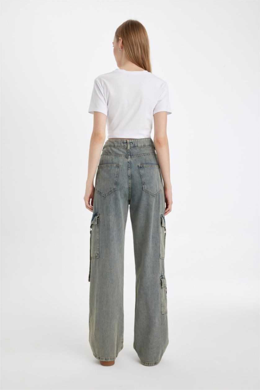 نساء أزرق فاتح بنطلون جينز كارجو وايد ليج برجل واسع وخصر عالي
