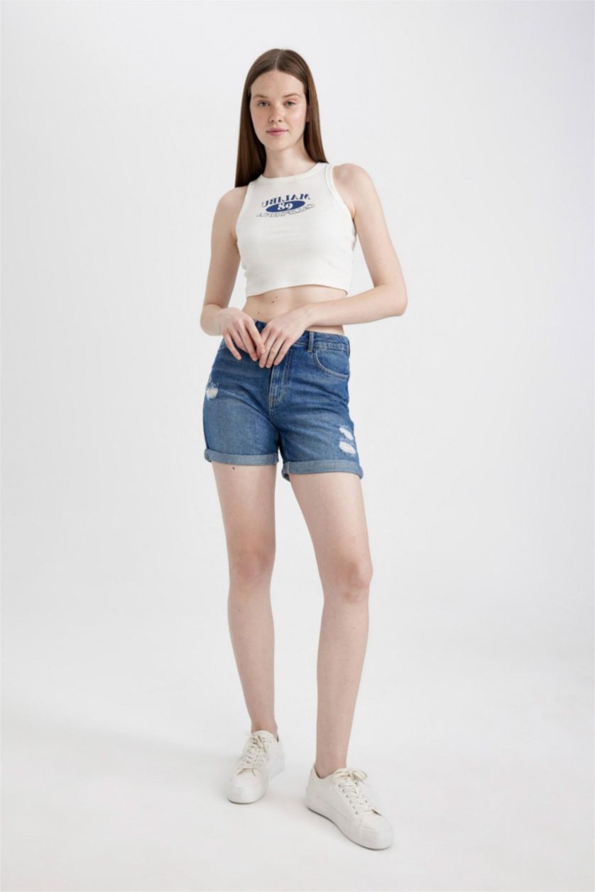 WOMAN White Fitted Printed Crew Neck Ribbed Camisole Crop Top