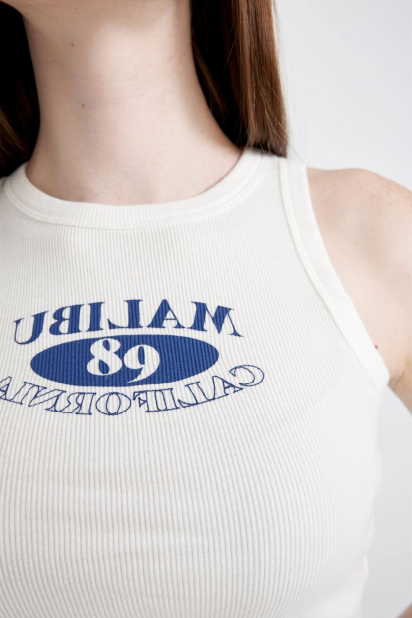 WOMAN White Fitted Printed Crew Neck Ribbed Camisole Crop Top