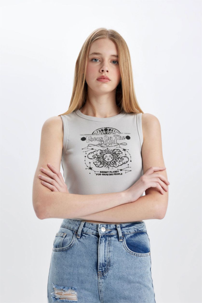 Kadın Açık Gri Fıtted Baskılı Bisiklet Yaka Fitilli Kaşkorse Atlet