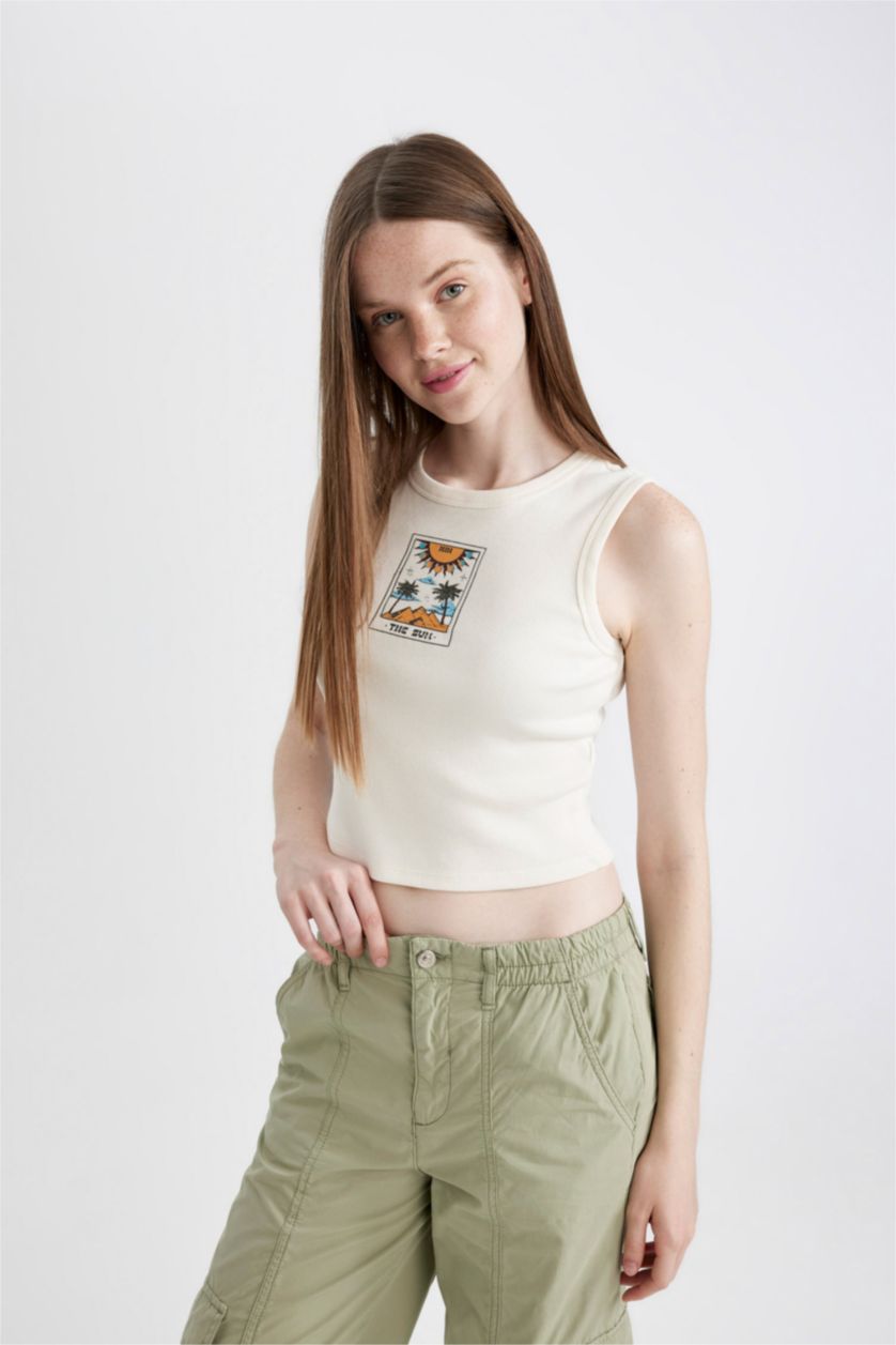 WOMAN Ecru Fitted Printed Crew Neck Ribbed Camisole Crop Top
