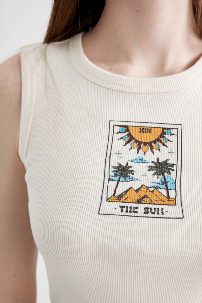 WOMAN Ecru Fitted Printed Crew Neck Ribbed Camisole Crop Top