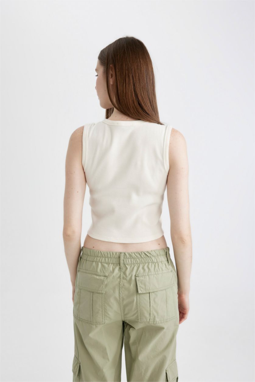 WOMAN Ecru Fitted Printed Crew Neck Ribbed Camisole Crop Top