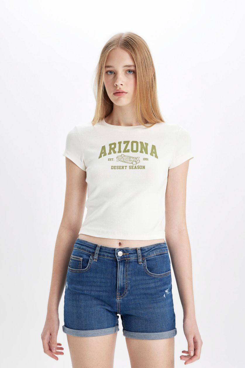 WOMAN Ecru Fitted Crew Neck Printed Ribbed Short Sleeve T-Shirt