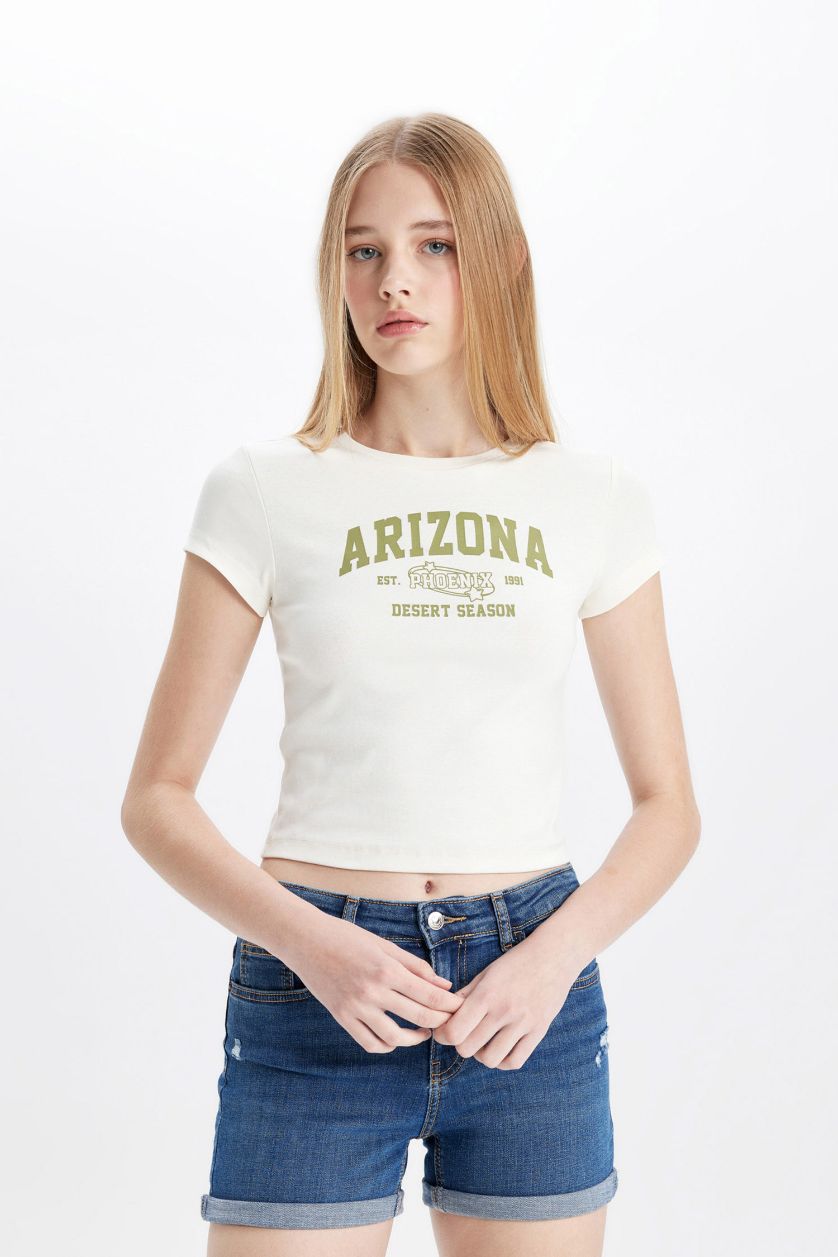 WOMAN Ecru Fitted Crew Neck Printed Ribbed Short Sleeve T-Shirt