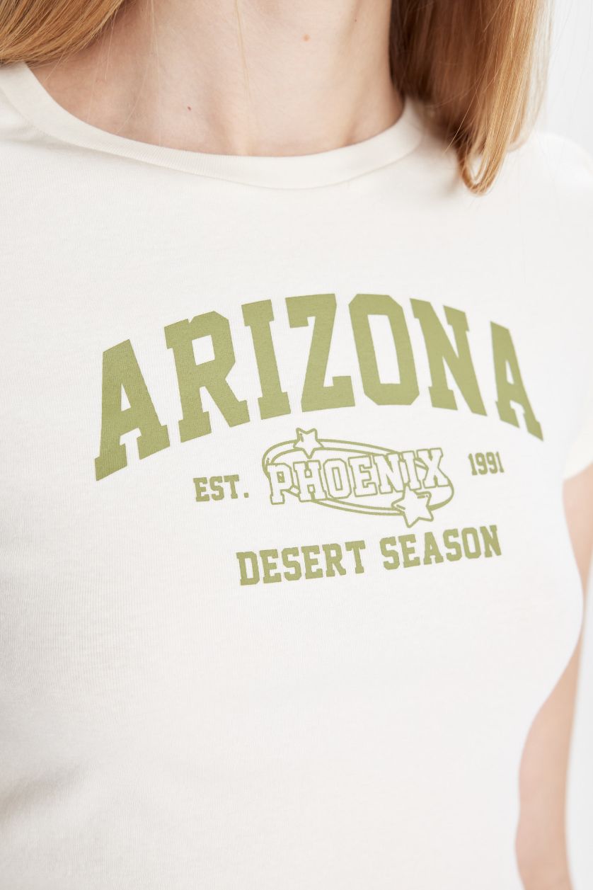 WOMAN Ecru Fitted Crew Neck Printed Ribbed Short Sleeve T-Shirt