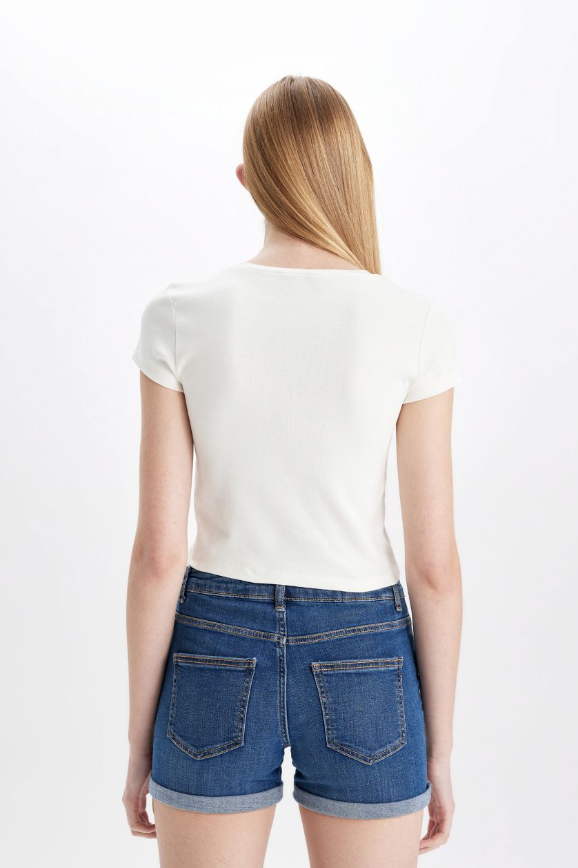 WOMAN Ecru Fitted Crew Neck Printed Ribbed Short Sleeve T-Shirt