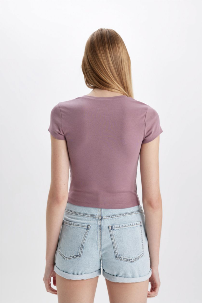 نساء وردي تيشيرت نص ردن مطبوع بياخة مستديرة