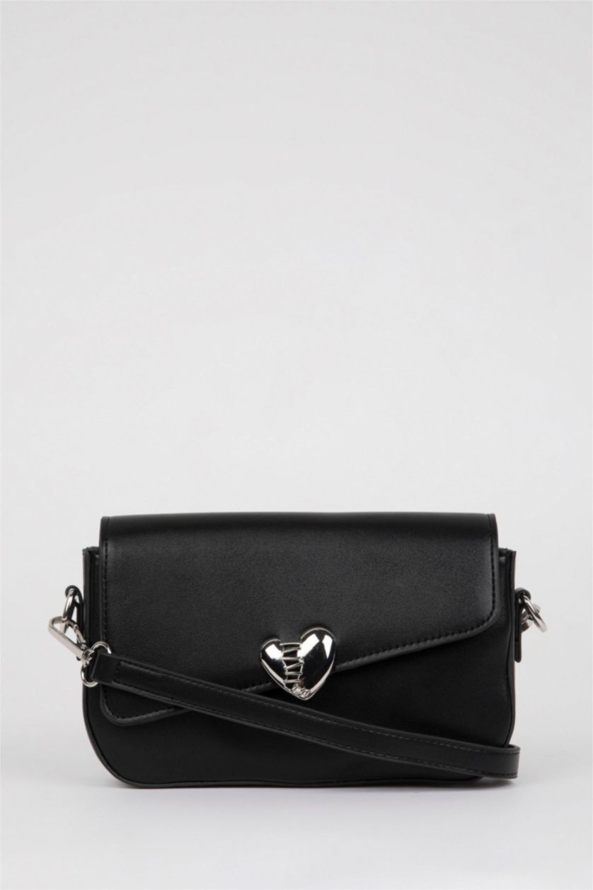 WOMAN Black Woman Heart Buckled Faux Leather Shoulder Bag