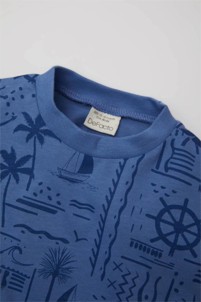 Erkek Bebek Mavi Erkek Bebek Palmiye Desenli Kısa Kollu Tişört