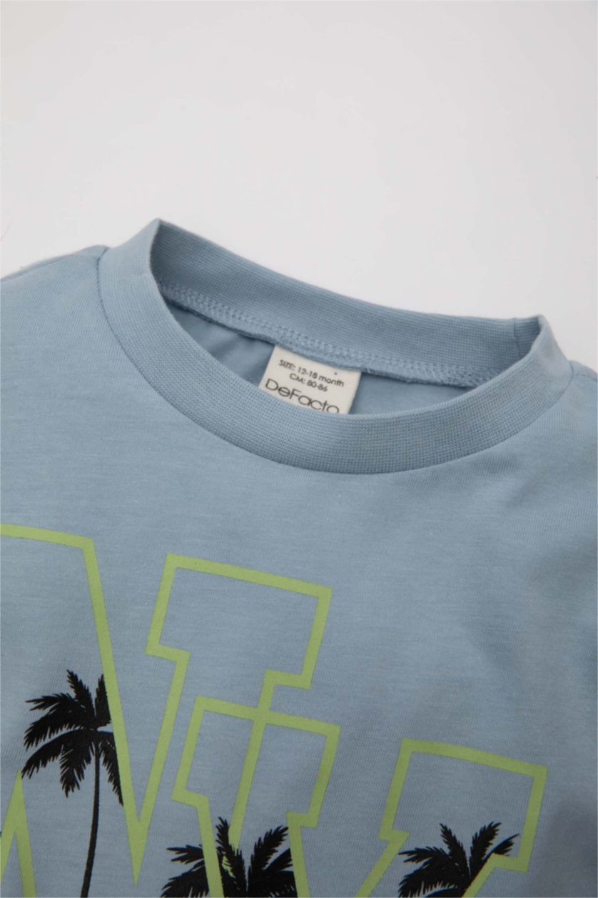 Erkek Bebek Mavi Bisiklet Yaka Baskılı Kısa Kollu Tişört Erkek Bebek