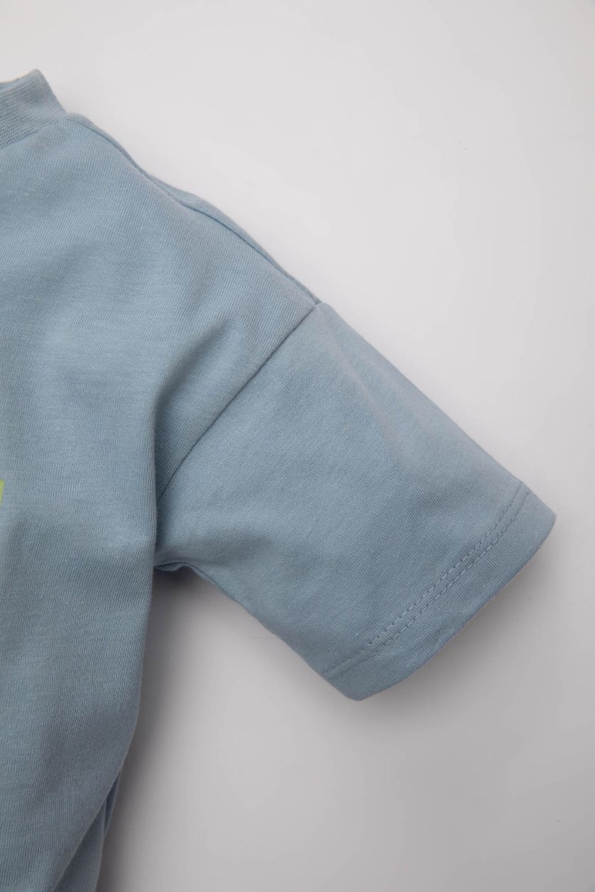 Erkek Bebek Mavi Bisiklet Yaka Baskılı Kısa Kollu Tişört Erkek Bebek