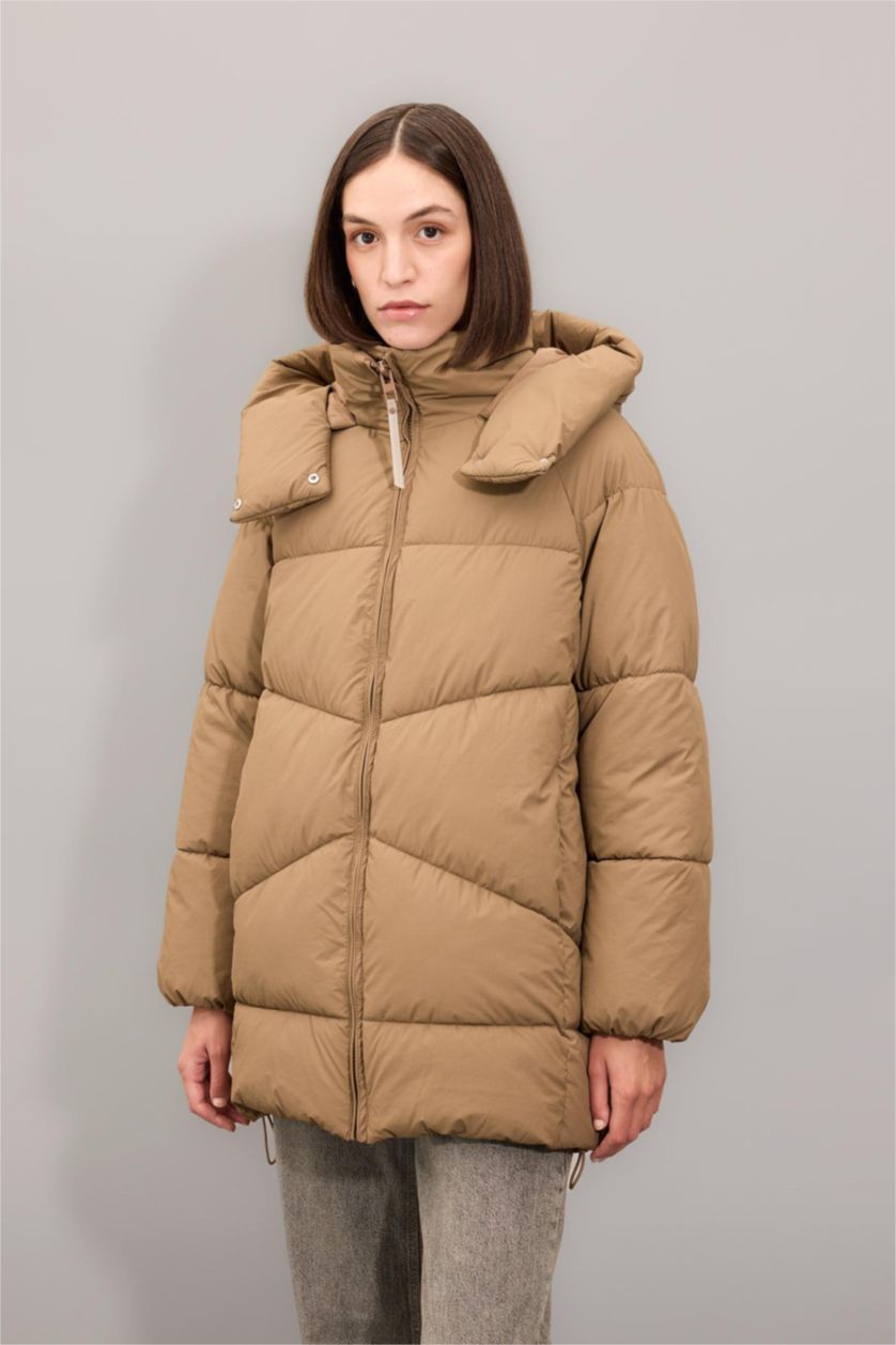 Kadın Camel Su Geçirmez Kapüşonlu Şişme Mont Parka Fermuar Çıtçıtlı Cepli