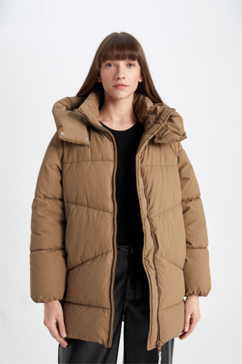 Kadın Camel Su Geçirmez Kapüşonlu Şişme Mont Parka Fermuar Çıtçıtlı Cepli